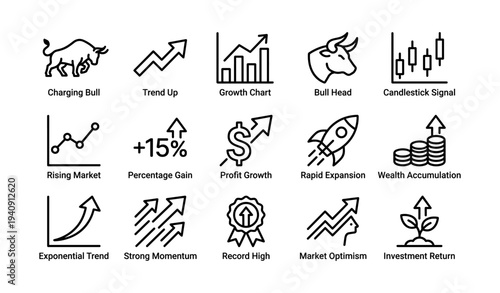 Financial growth icons: bull, charts, percentage, rocket, coins