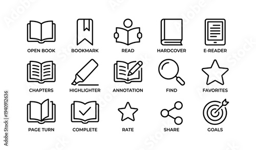 Library icons: open book, bookmark, reading, hardcover, e-reader symbols