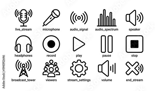 Live streaming icons set including microphone, speaker, and play symbol