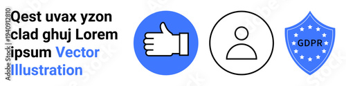 Data privacy, GDPR compliance, online security, personal data protection, digital privacy, user identity. Blue thumbs up, user icon and GDPR shield displayed. GDPR compliance and data privacy