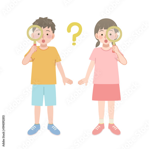 虫眼鏡を覗く男の子と女の子のイラスト