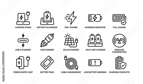 Charging accessories icons: chargers, batteries, power management symbols