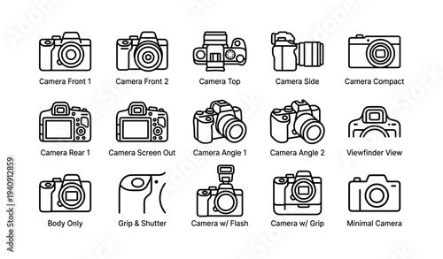 Various camera icons: different angles and features illustrated