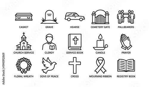Funeral icons set: casket, hearse, cemetery gate, religious symbols, memorial items