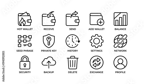 Cryptocurrency wallet icons: hot wallet, security, exchange, backup, network symbols