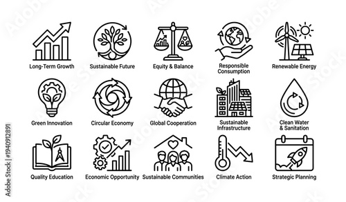 Icons depicting sustainability and global cooperation in diverse sectors