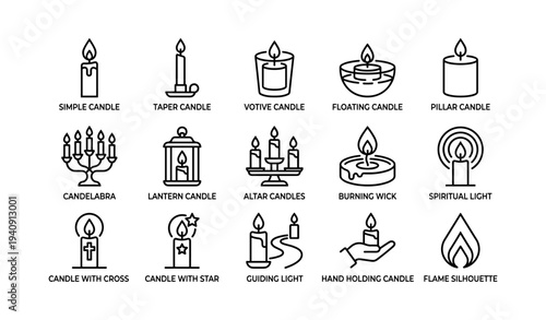 Types of candles: candelabra, lantern, altar, pillar, handheld, symbols, styles