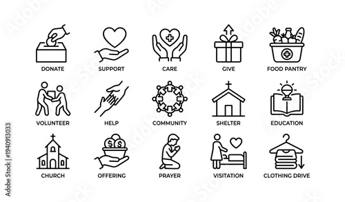 Charity symbols: donation, support, community, church, education icons