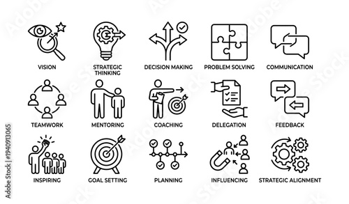 Icons illustrating key concepts in business strategy and leadership