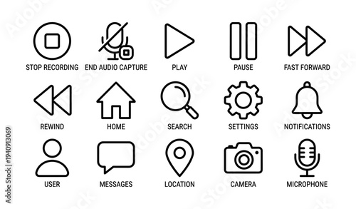 Set of 16 black line style media and communication icons