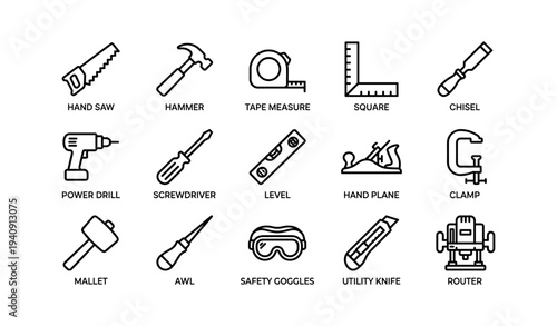 Essential hand and power tools icons - hammer, saw, drill, level