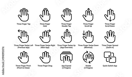 Hand gesture icons for multi-finger touch controls and navigation