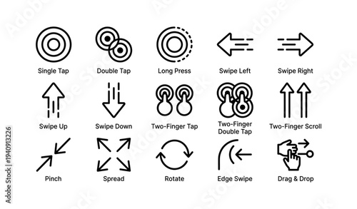 Touch gesture icons: tap, swipe, pinch, rotate, drag and drop symbols