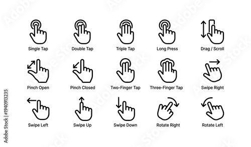 Touch gesture icons: tap, swipe, pinch, rotate, press actions