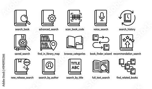 Library icons: search, browse, find features for digital books