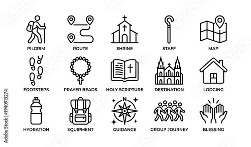 Pilgrimage journey icons: pilgrim, route, shrine, staff, map, guidance, equipment, prayer beads