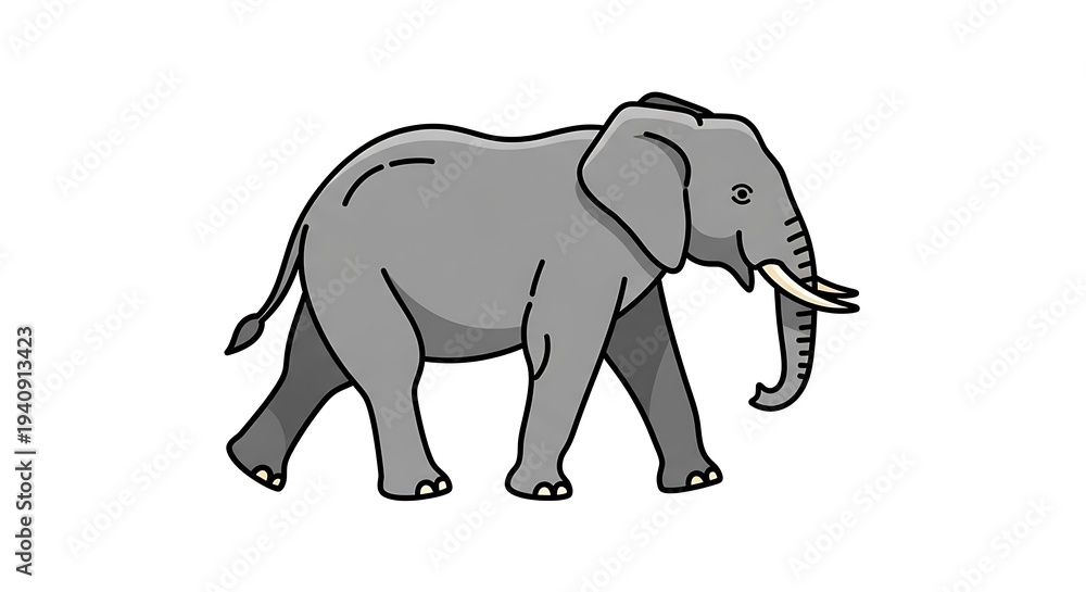 Obraz premium Cartoon gray elephant walking with tusks on white background.
