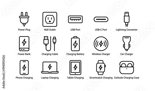 Charging devices icon set: plugs, cables, connectors and chargers