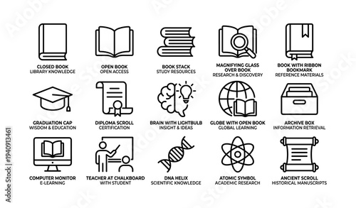 Educational icons set: books, diploma, brain, globe, archive, learning