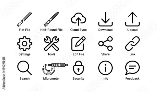 Set of 15 black and white icons including tools, cloud sync, security, and settings