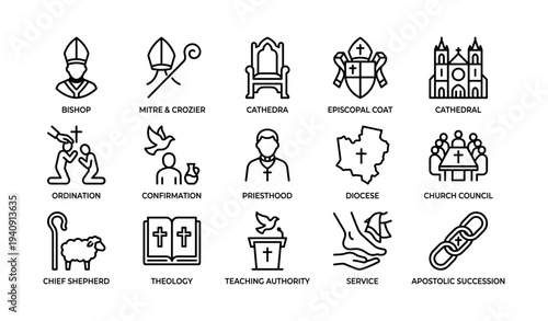 Bishop symbols and church icons set including mitre crozier cathedral
