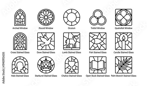 Types of stained glass windows and designs: arched, round, trefoil, quatrefoil, cross, dove, lamb, fish, candle, halo, starburst, chalice