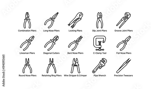 Collection of various pliers and tools in line illustration