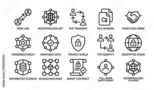 Blockchain technology icons: p2p, decentralization, encryption, smart contracts, distributed systems