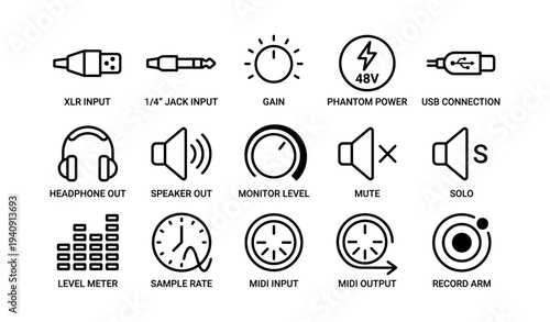 Audio control symbols: usb, xlr, gain, phantom power, headphones, speaker, midi icons