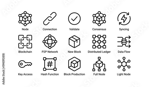 Blockchain technology icons: node, connection, validate, consensus, syncing