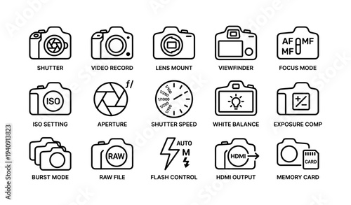 Camera settings icons set including shutter, aperture, and white balance