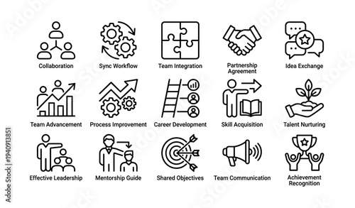 Icons illustrating teamwork, leadership, and career development concepts