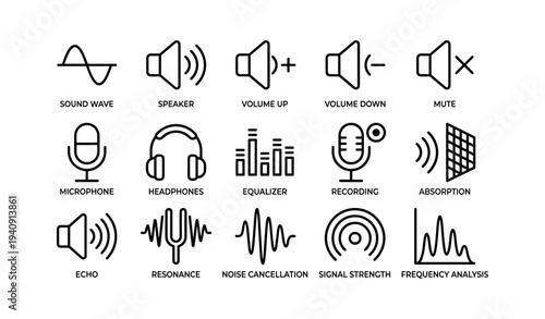 Audio symbols: sound wave, microphone, headphones, equalizer, echo