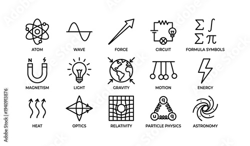 Physics symbols collection: atom, wave, force, optics, astronomy