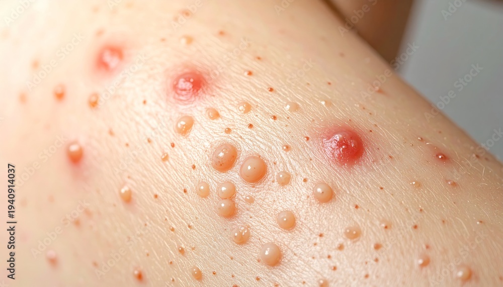 Fototapeta premium Close-up of skin with multiple blisters and red inflamed spots, possibly indicating a viral infection or allergic reaction.