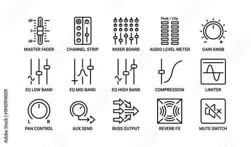 Audio mixing icons: master fader channel strip mixer board compression limiter