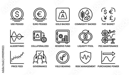 Financial icons representing stablecoins, investments, and economic concepts