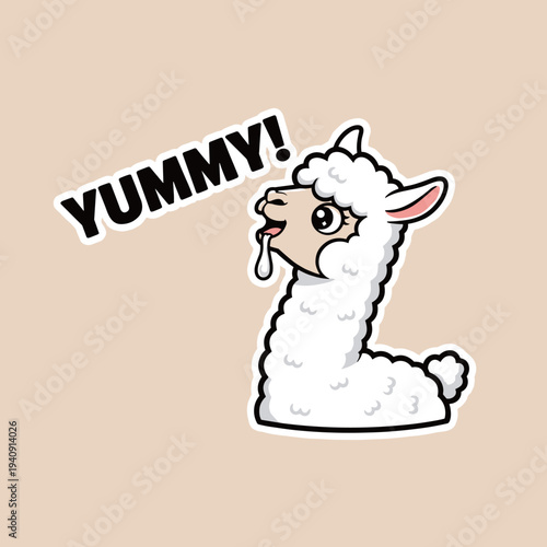 Cute funny llama character with yummy text sticker for food and craving