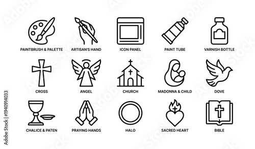 Religious symbols icon set: art, faith, and spirituality imagery