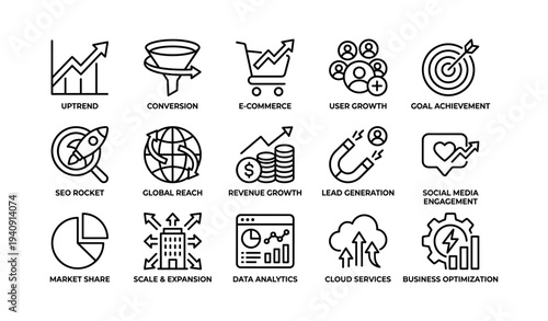 E-commerce icons: conversion, user growth, seo, cloud services, data analytics