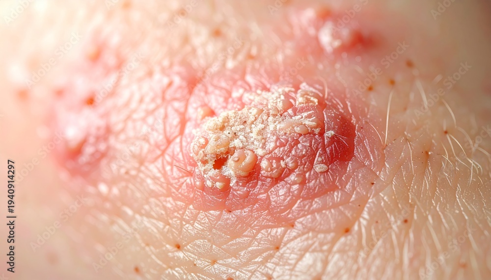 Fototapeta premium Close-up of a skin rash with visible inflammation and scabs, indicating a dermatological condition.