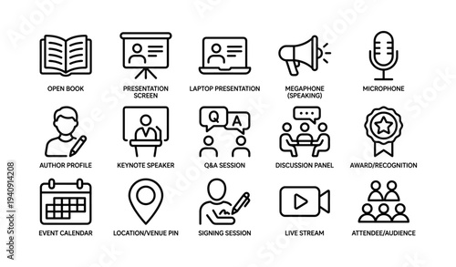 Icons representing presentations, events, and communication tools