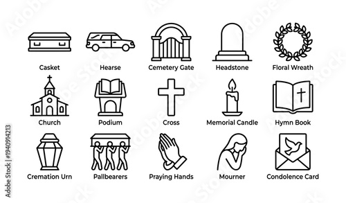 Funeral symbols: casket hearse cemetery headstone wreath church memorial candle