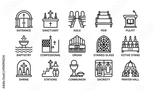 Church symbols and icons: entrance, sanctuary, aisle, pew, pulpit, baptistry, confessional