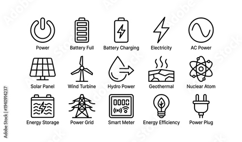 Energy symbols: power, battery, electricity, solar, wind, nuclear