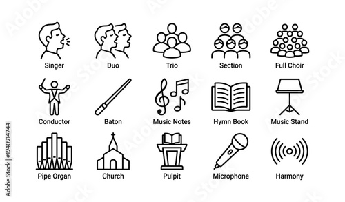 Musical symbols and icons: singers, choir, conductor, music notes, instruments