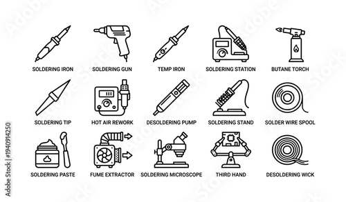 Soldering tools collection: iron, gun, station, torch, pump, stand, spool, paste, extractor, microscope, third hand