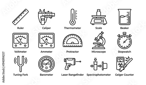 Scientific instruments icons: ruler, caliper, thermometer, scale, beaker