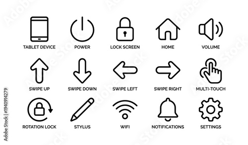 Set of 16 black line style electronic device interface icons