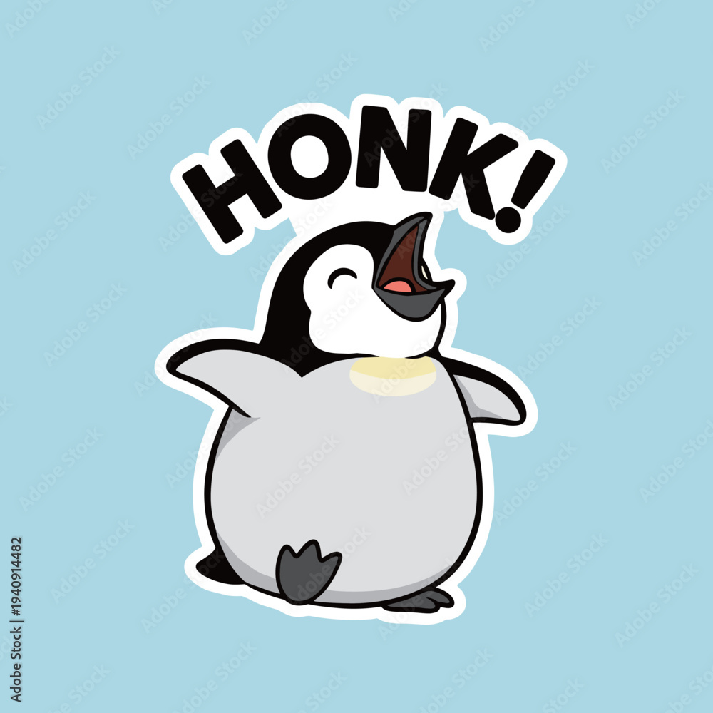 Obraz premium Joyful baby penguin shouting honk text sticker for winter and happy vibes